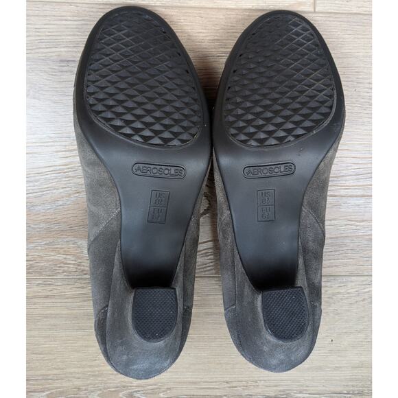 New Aerosoles Gineva Dark Gray Suede Peep Toe Heels 8.5 Buckle Accent 3" Padded - Picture 9 of 11